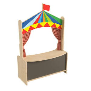 Bright Beginnings Commercial Grade Mobile Wooden Puppet Theater with Removable Curtains and Bottom Magnetic Chalkboard, Natural Finish