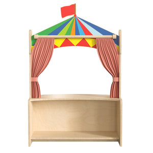Bright Beginnings Commercial Grade Mobile Wooden Puppet Theater with Removable Curtains and Bottom Magnetic Chalkboard, Natural Finish