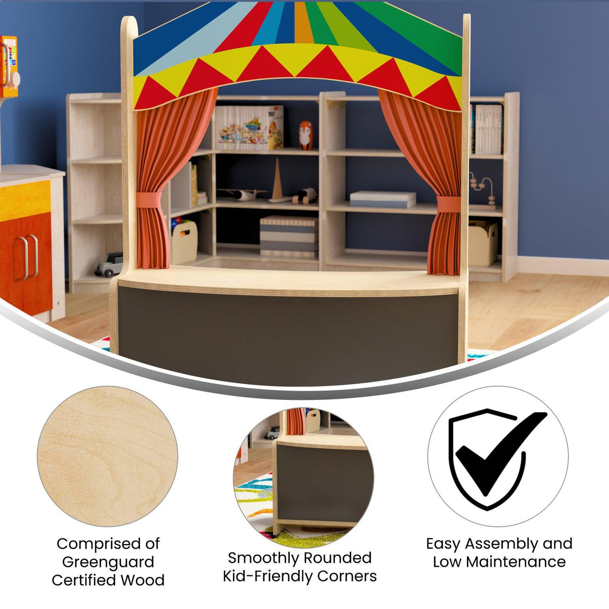 Bright Beginnings Commercial Grade Mobile Wooden Puppet Theater with Removable Curtains and Bottom Magnetic Chalkboard, Natural Finish