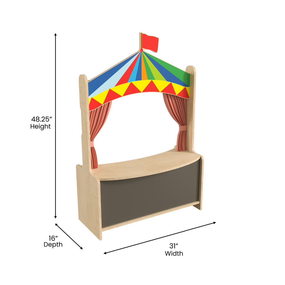 Bright Beginnings Commercial Grade Mobile Wooden Puppet Theater with Removable Curtains and Bottom Magnetic Chalkboard, Natural Finish