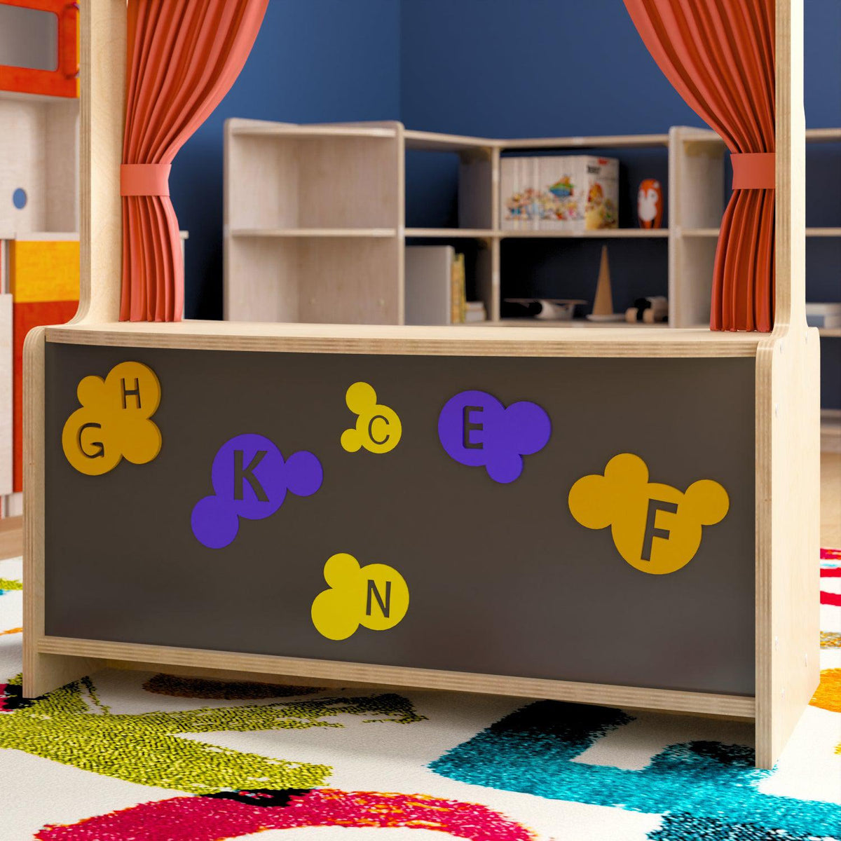 Bright Beginnings Commercial Grade Mobile Wooden Puppet Theater with Removable Curtains and Bottom Magnetic Chalkboard, Natural Finish