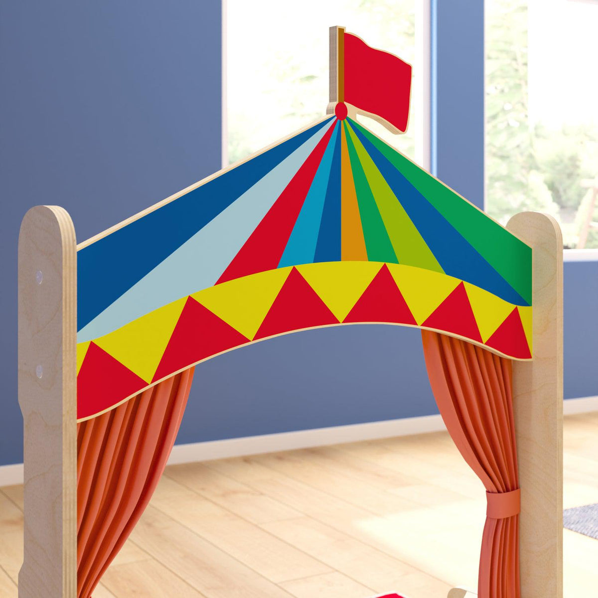 Bright Beginnings Commercial Grade Mobile Wooden Puppet Theater with Removable Curtains and Bottom Magnetic Chalkboard, Natural Finish