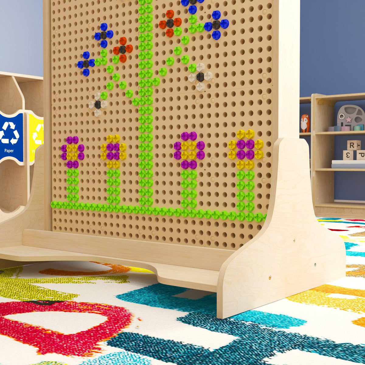 Bright Beginnings Commercial Grade Natural Finish Wooden Double Sided Freestanding STEAM Wall Base with Peg Panels