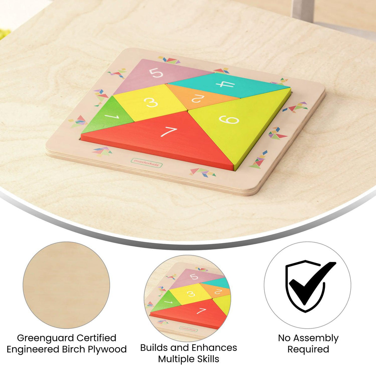 Bright Beginnings Commercial Grade Natural Birch Plywood STEM Tangram Shape Building Learning Board with Colorful Elements