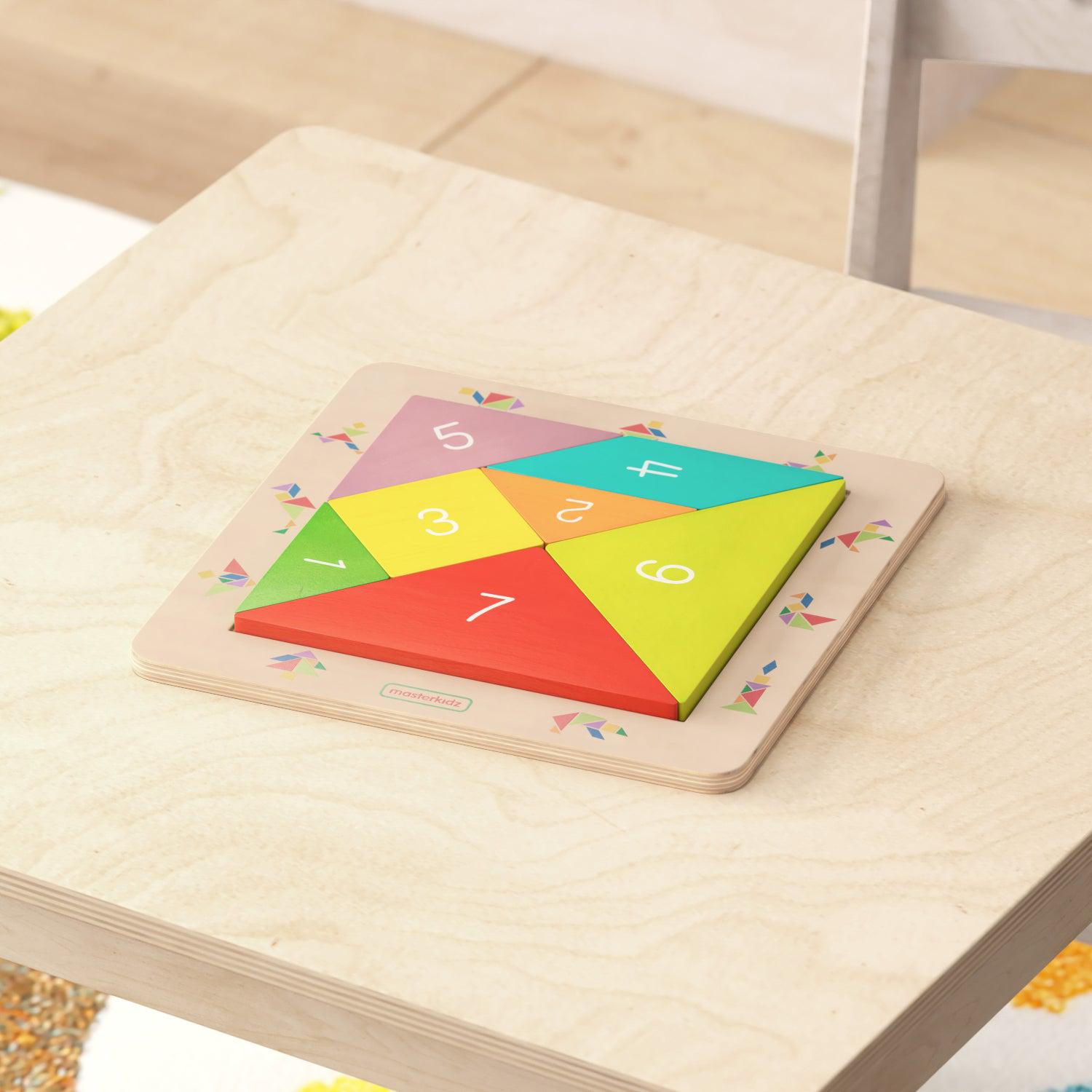 Bright Beginnings Commercial Grade Natural Birch Plywood STEM Tangram Shape Building Learning Board with Colorful Elements