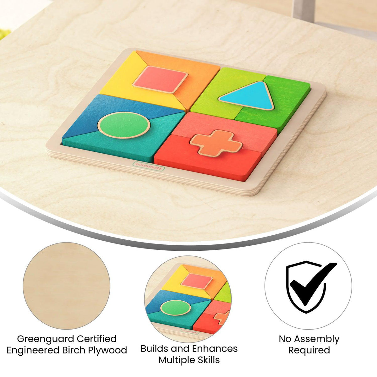 Bright Beginnings Commercial Grade Birch Plywood STEM Geometric Shape Building Puzzle Board, Natural/Multicolor
