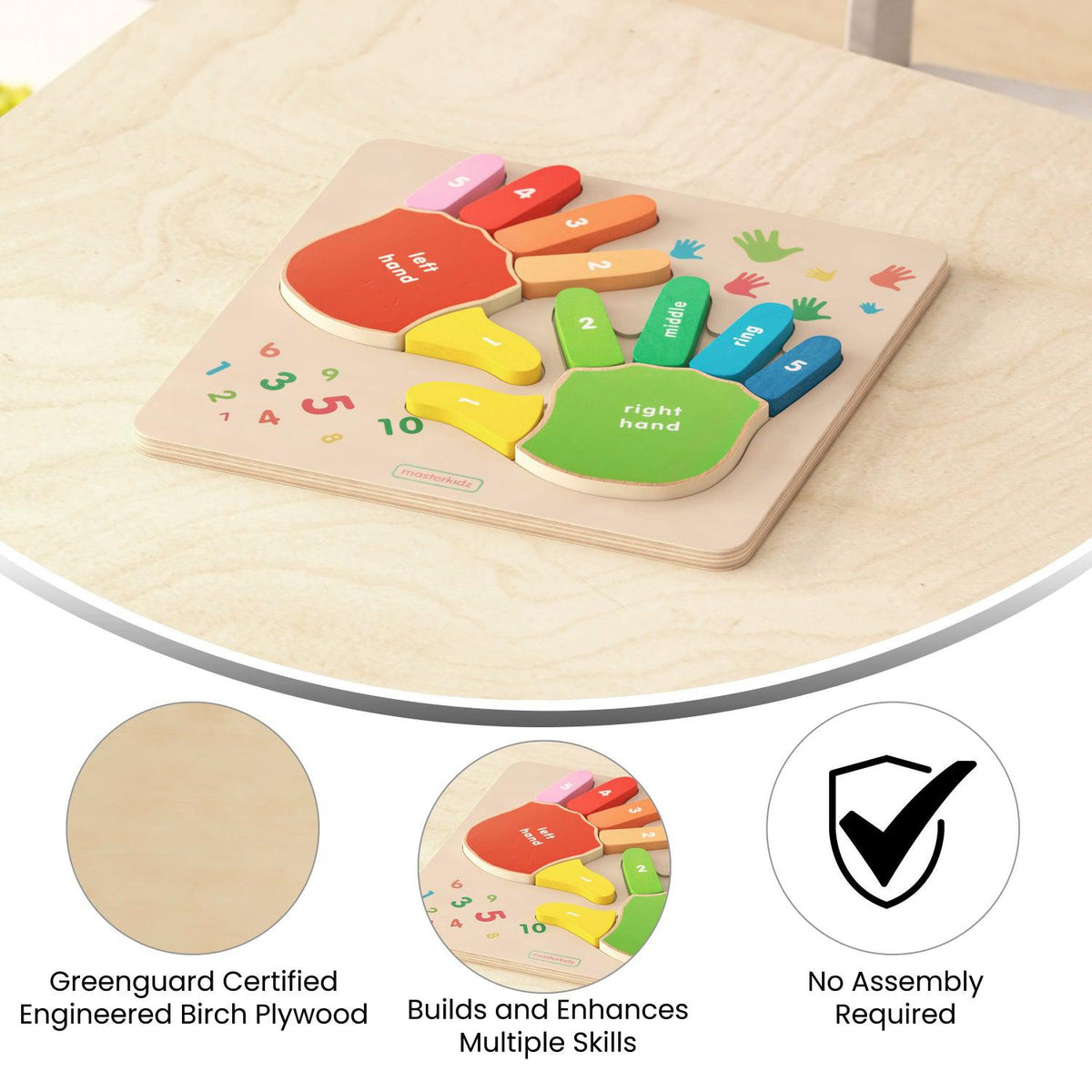 Bright Beginnings Commercial Grade Birch Plywood STEM Hand Counting Learning Puzzle Board, Natural/Multicolor