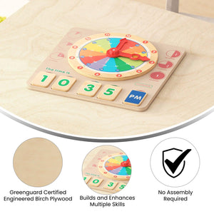 Bright Beginnings Commercial Grade STEM Telling Time Learning Board with Digital and Analog Readings, Natural Finish with Multicolor Accents