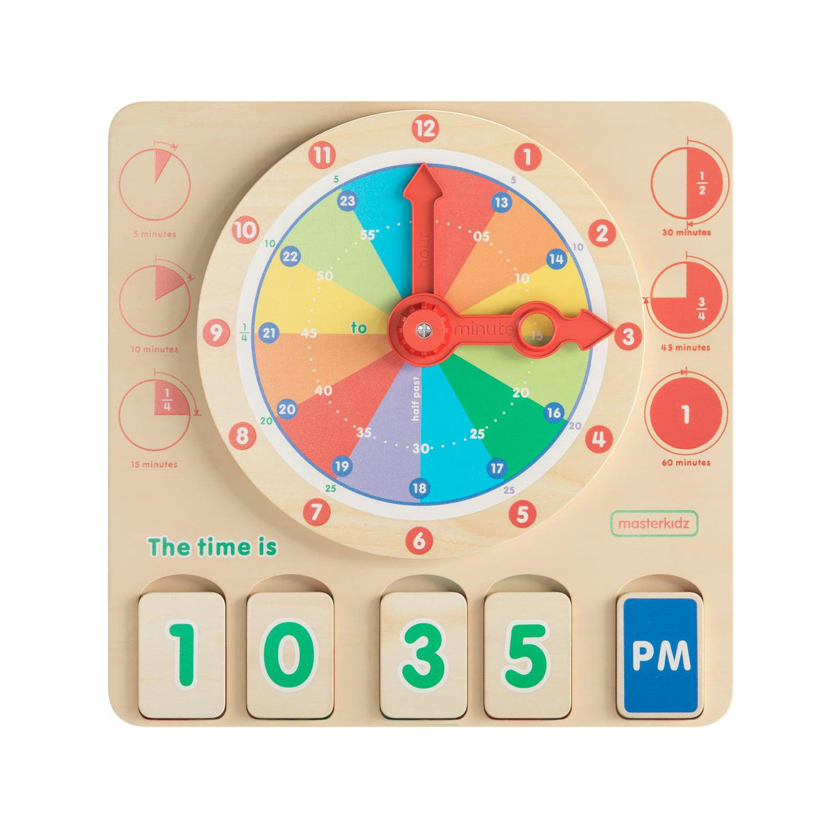 Bright Beginnings Commercial Grade STEM Telling Time Learning Board with Digital and Analog Readings, Natural Finish with Multicolor Accents