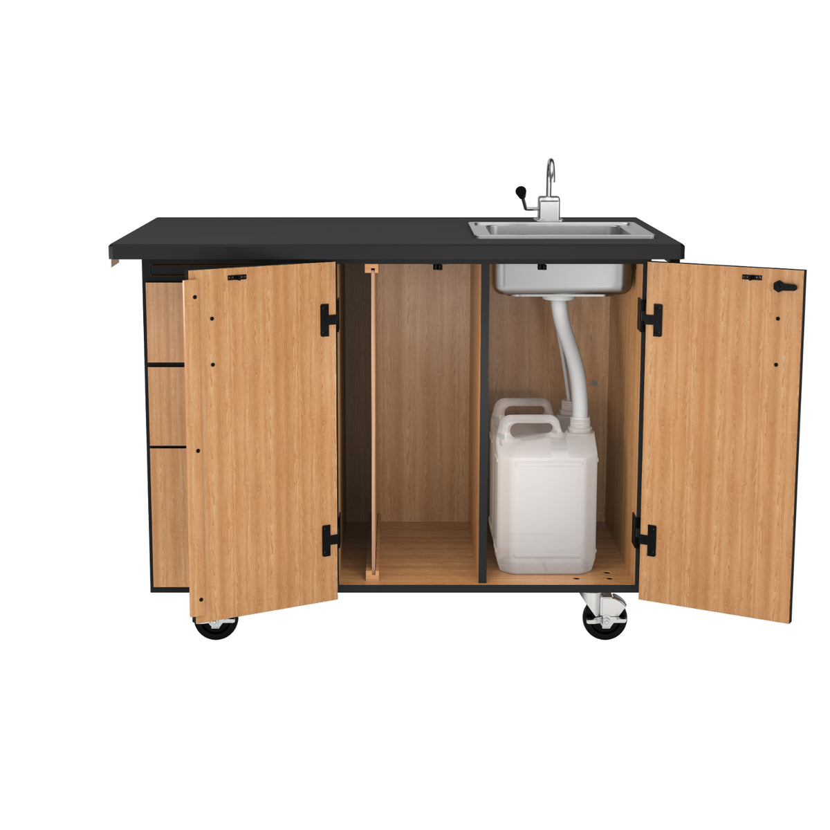 MSC Series Mobile Science Cart with External Drawers and Pegboard, Chem-Res Top and Sink