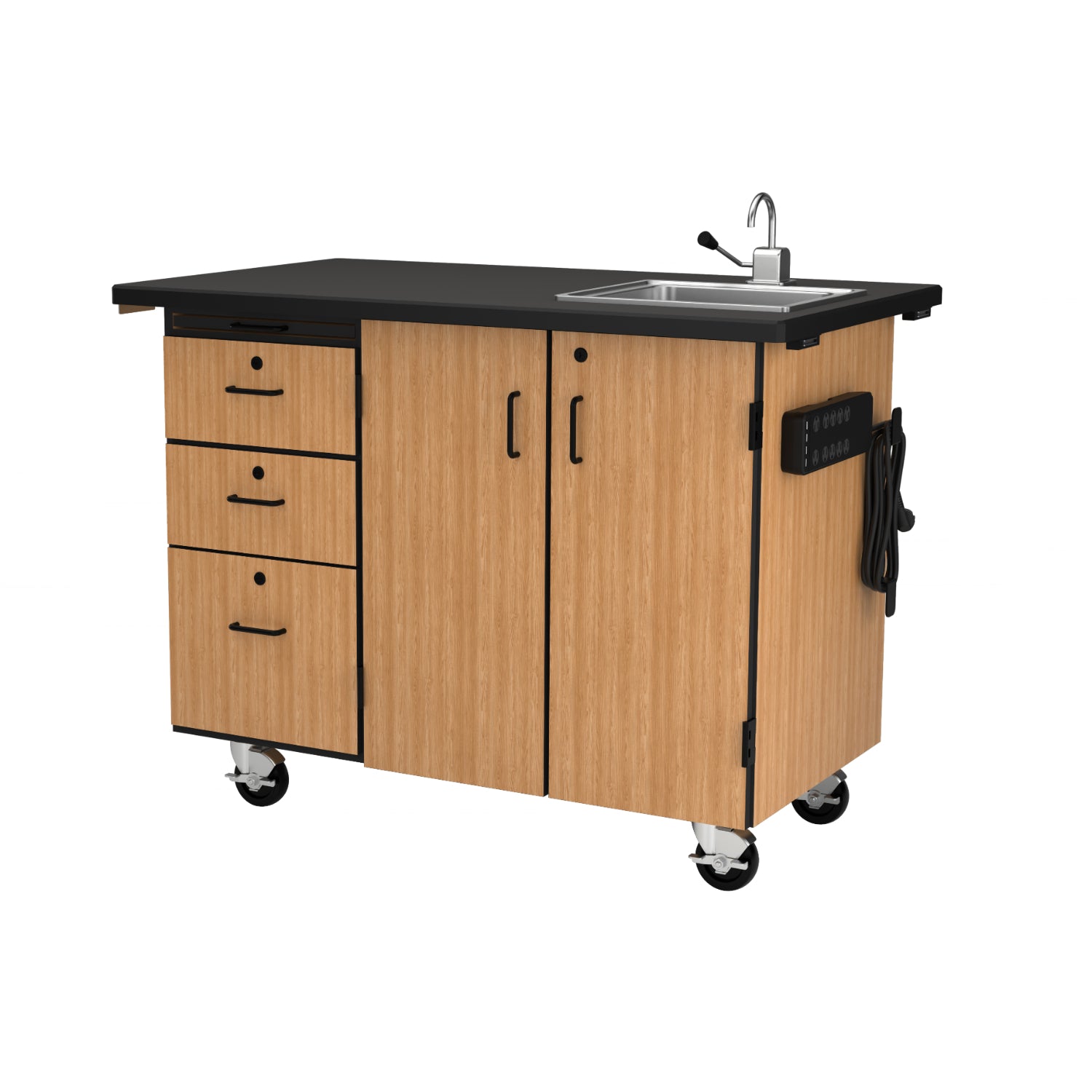 MSC Series Mobile Science Cart with External Drawers and Pegboard, Chem-Res Top and Sink
