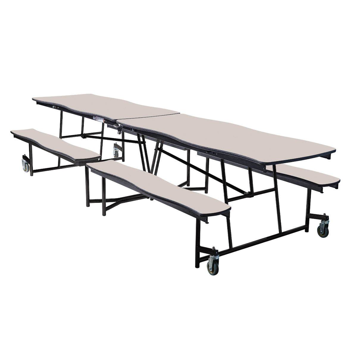 Mobile Cafeteria Table with Benches, 10' Swerve, MDF Core, Black Prote