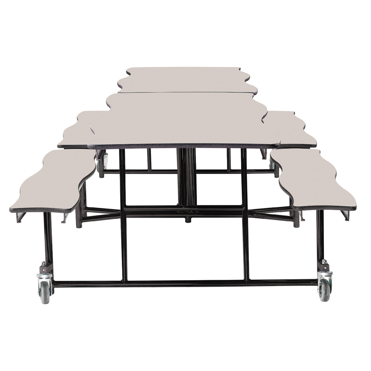 Mobile Cafeteria Table with Benches, 10' Swerve, Particleboard Core, Vinyl T-Mold Edge, Textured Black Frame