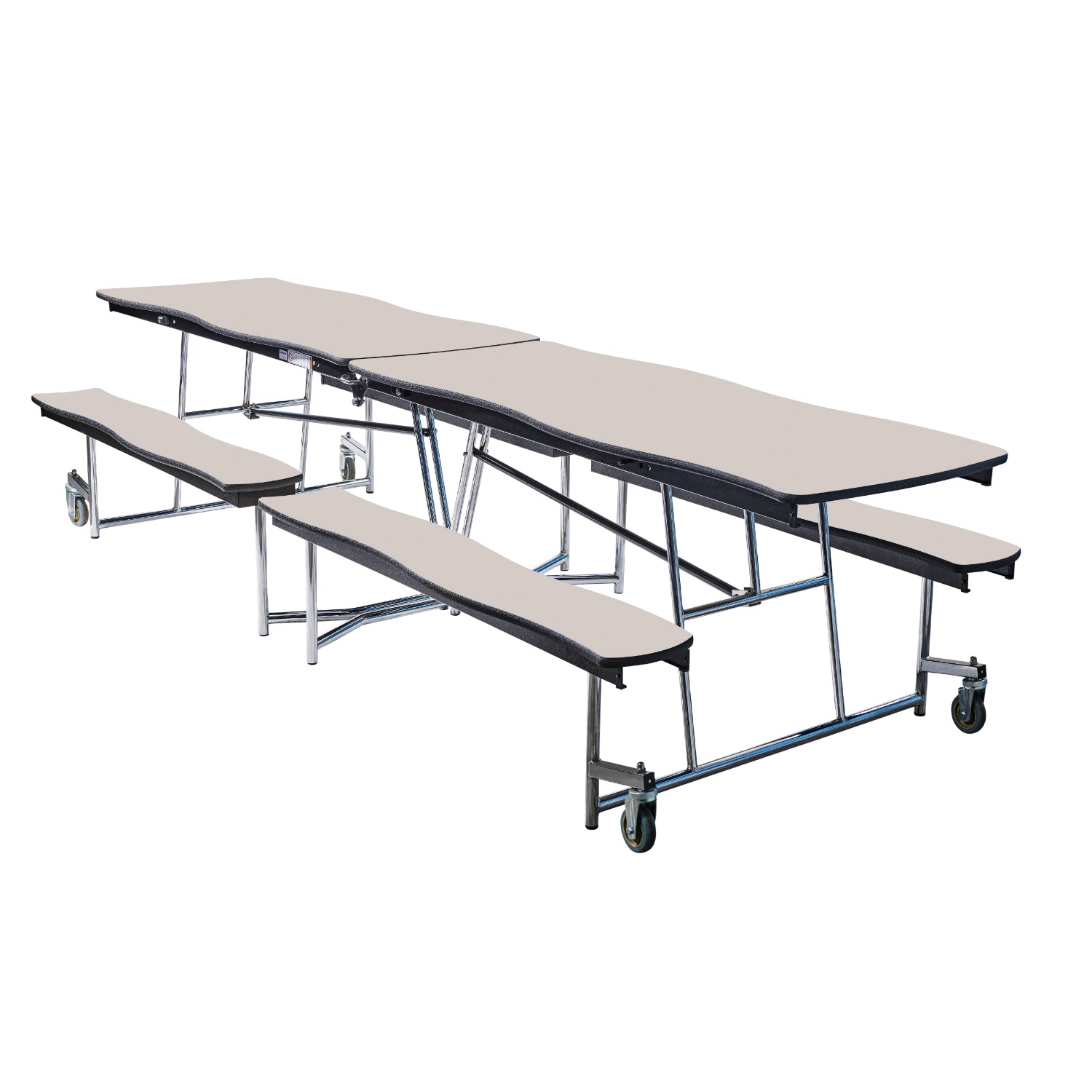Mobile Cafeteria Table with Benches, 10' Swerve, Plywood Core, Vinyl T-Mold Edge, Chrome Frame