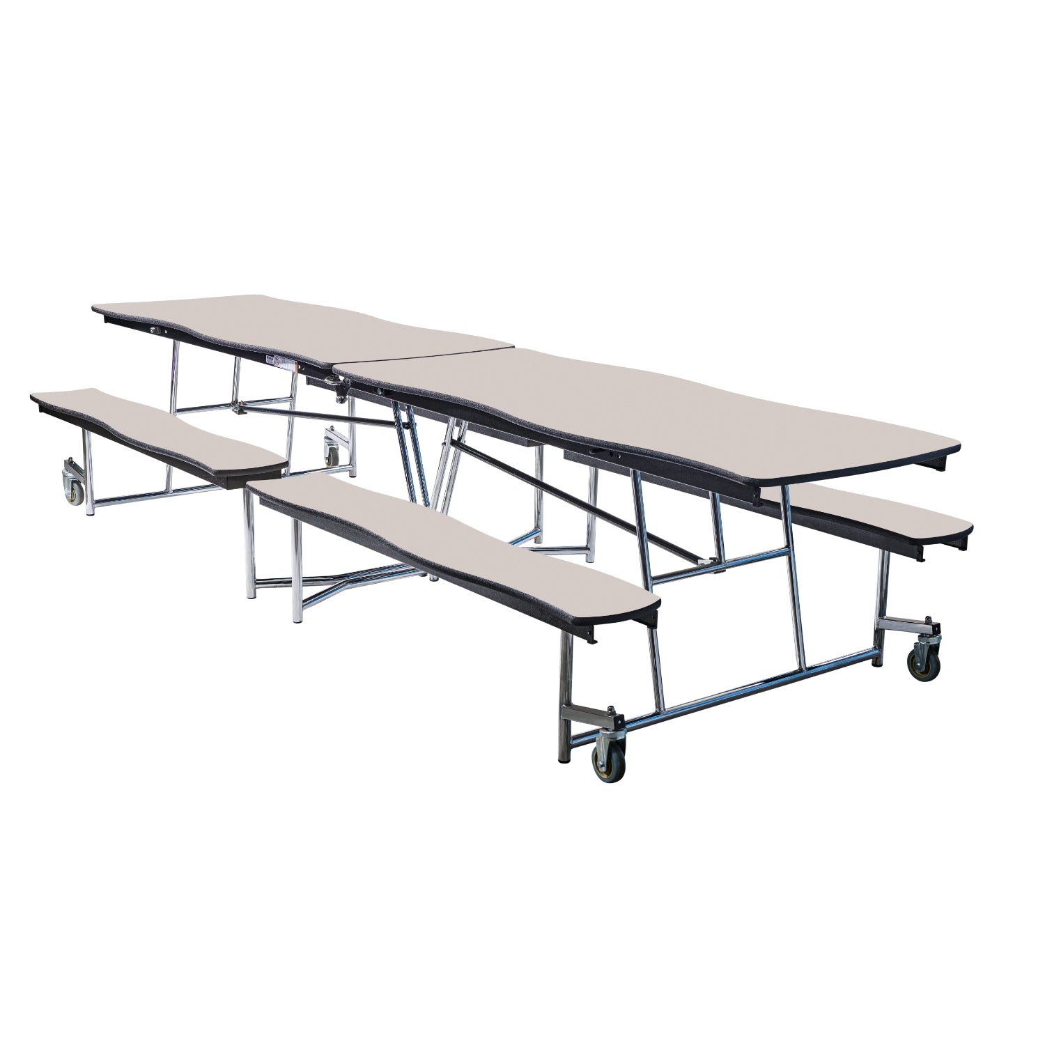 Mobile Cafeteria Table with Benches, 12' Swerve, MDF Core, Black ProtectEdge, Chrome Frame
