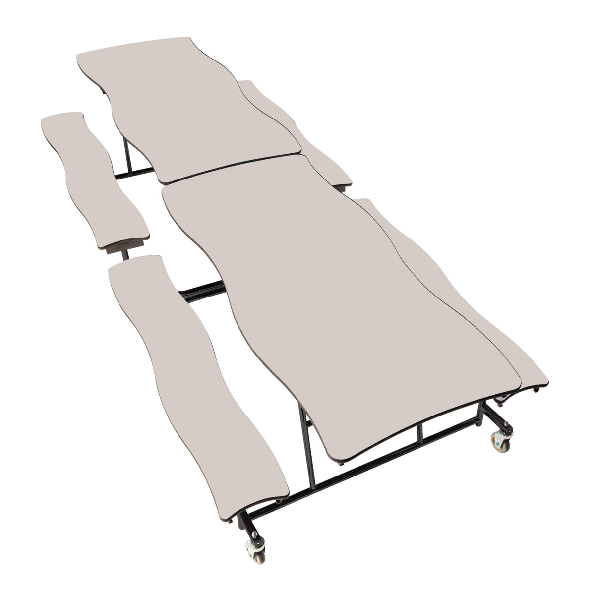 Mobile Cafeteria Table with Benches, 12' Swerve, MDF Core, Black ProtectEdge, Textured Black Frame