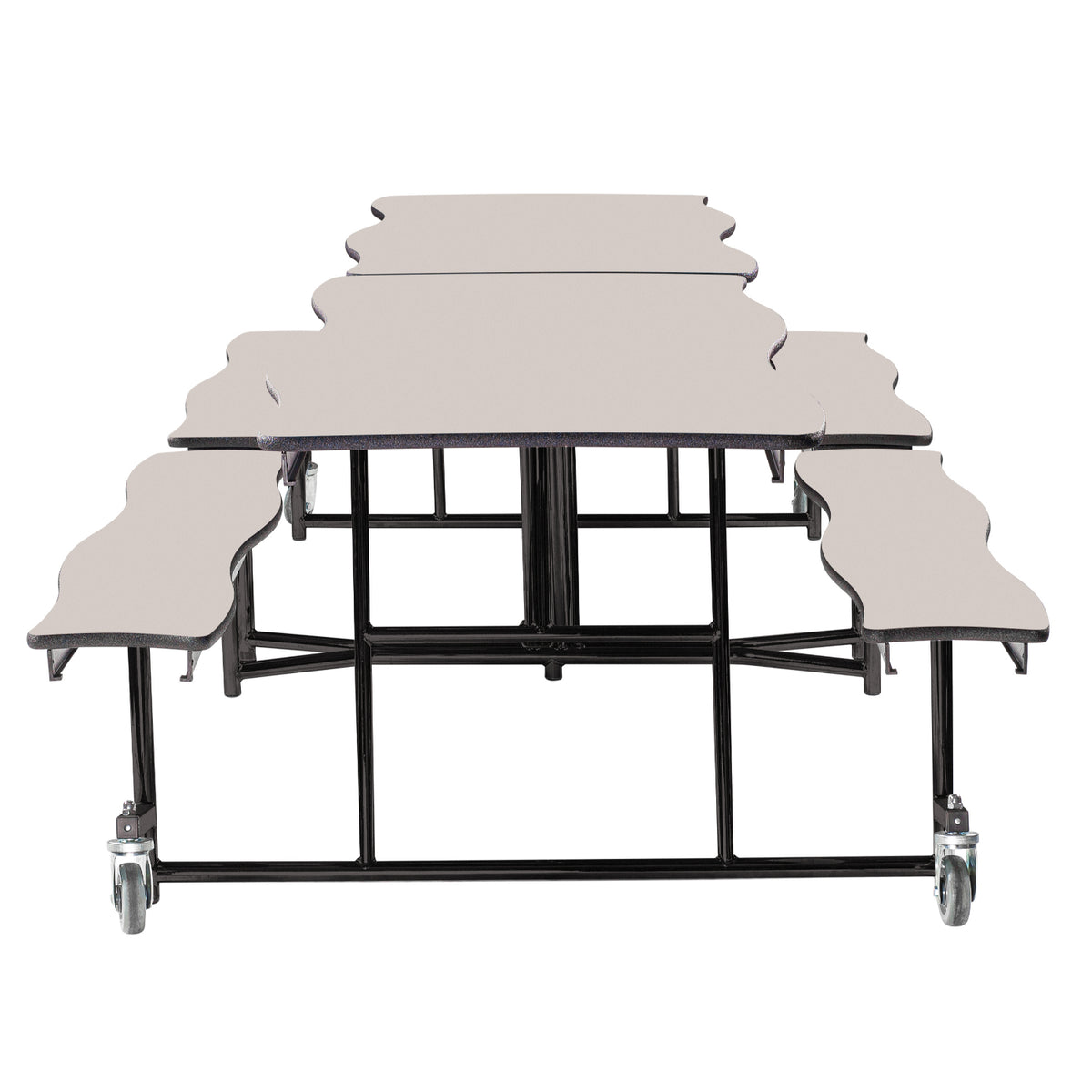 Mobile Cafeteria Table with Benches, 12' Swerve, MDF Core, Black ProtectEdge, Textured Black Frame