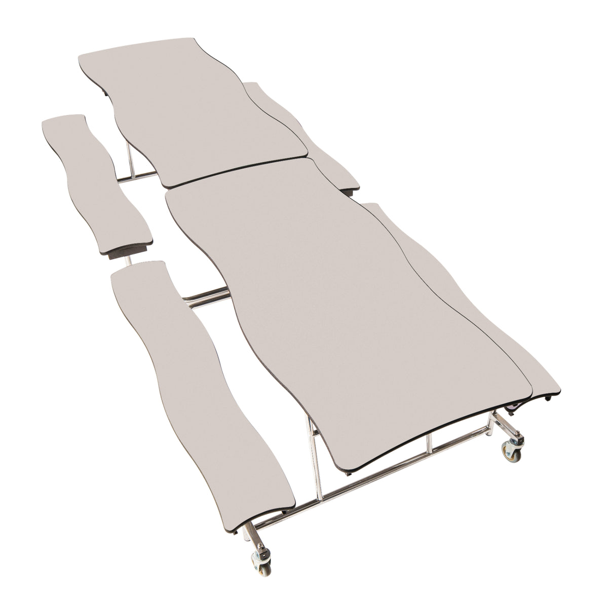 Mobile Cafeteria Table with Benches, 12' Swerve, Particleboard Core, Vinyl T-Mold Edge, Chrome Frame
