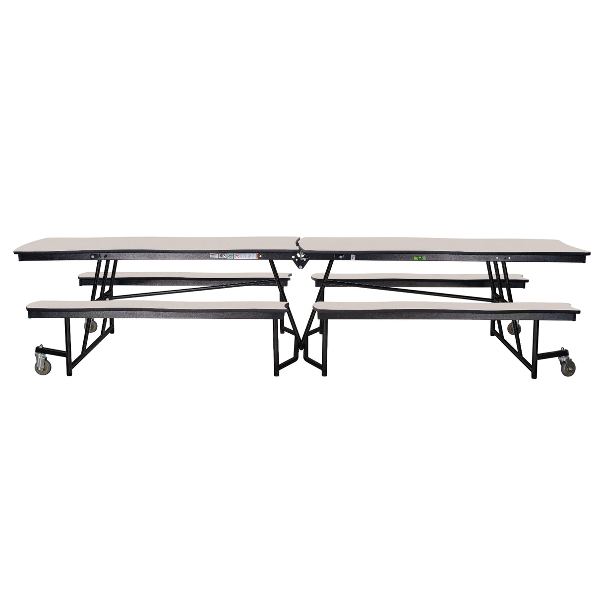 Mobile Cafeteria Table with Benches, 12' Swerve, Particleboard Core, Vinyl T-Mold Edge, Textured Black Frame