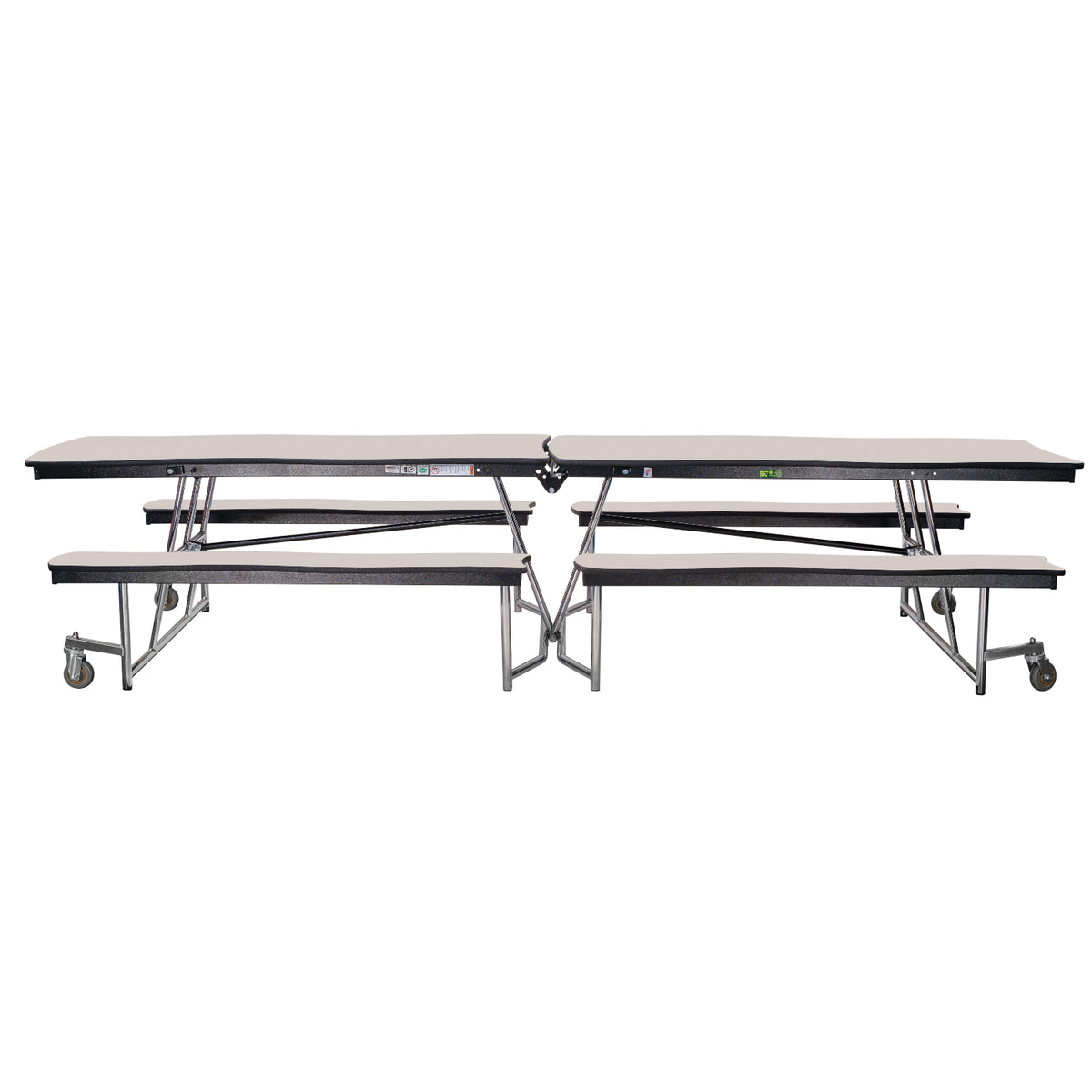 Mobile Cafeteria Table with Benches, 12' Swerve, Plywood Core, Vinyl T-Mold Edge, Chrome Frame