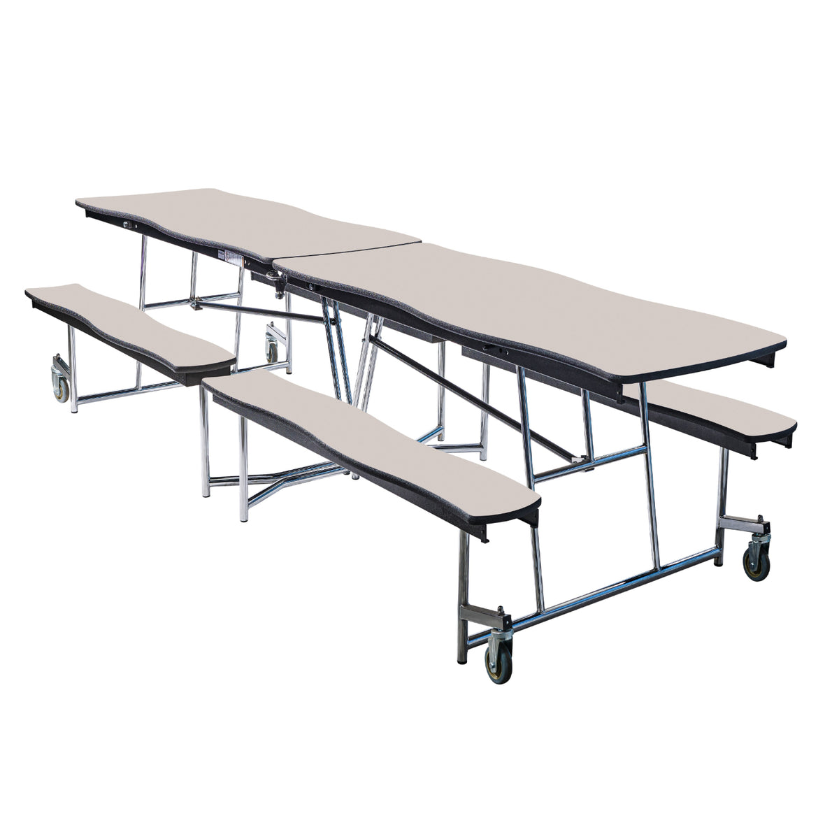 Mobile Cafeteria Table with Benches, 8' Swerve, MDF Core, Black ProtectEdge, Chrome Frame