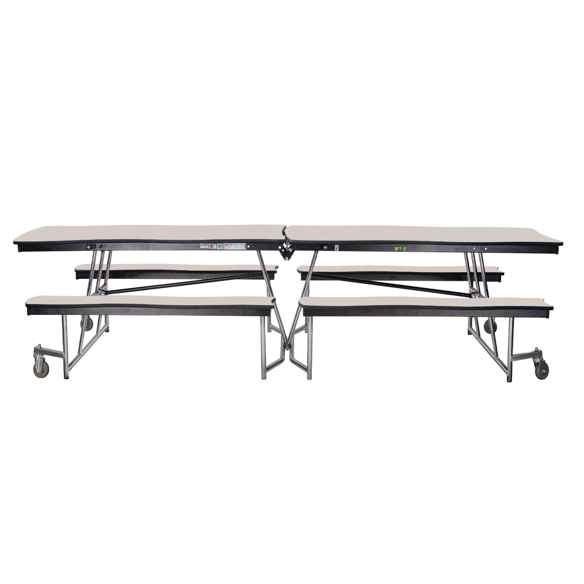 Mobile Cafeteria Table with Benches, 8' Swerve, MDF Core, Black ProtectEdge, Chrome Frame