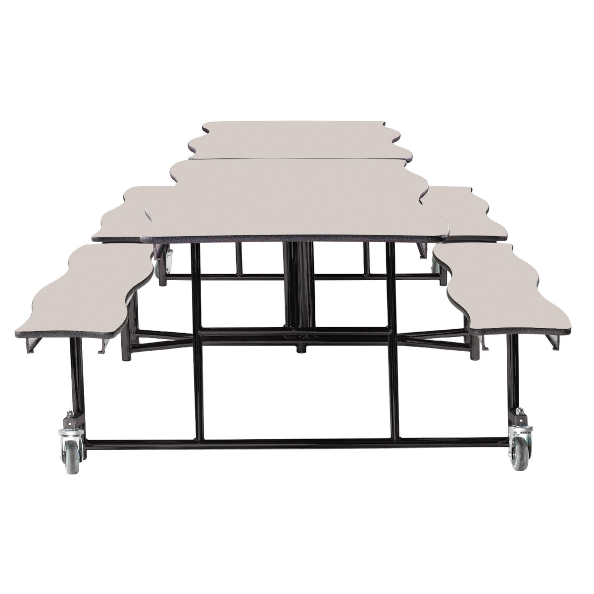 Mobile Cafeteria Table with Benches, 8' Swerve, Plywood Core, Vinyl T-Mold Edge, Textured Black Frame