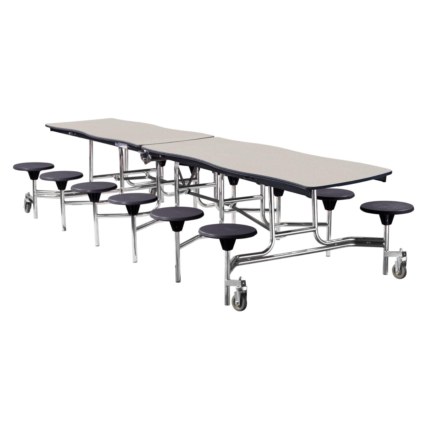 Mobile Cafeteria Table with 12 Stools, 12' Swerve, MDF Core, Black ProtectEdge, Chrome Frame