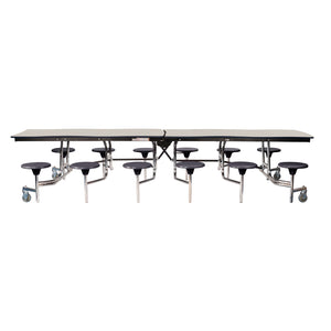 Mobile Cafeteria Table with 12 Stools, 12' Swerve, MDF Core, Black ProtectEdge, Chrome Frame