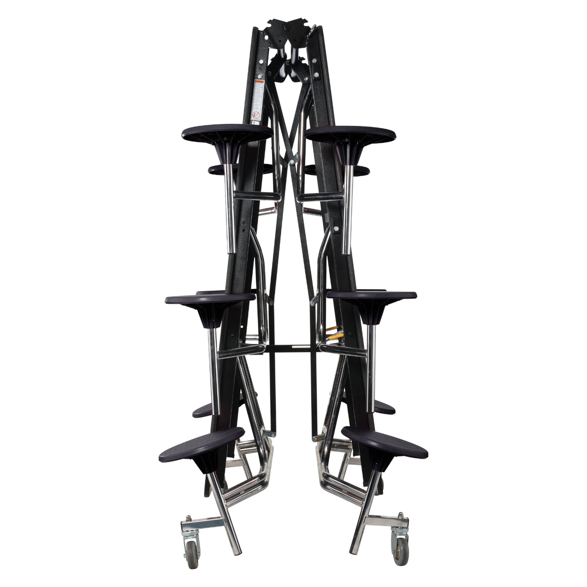 Mobile Cafeteria Table with 12 Stools, 12' Swerve, MDF Core, Black ProtectEdge, Chrome Frame