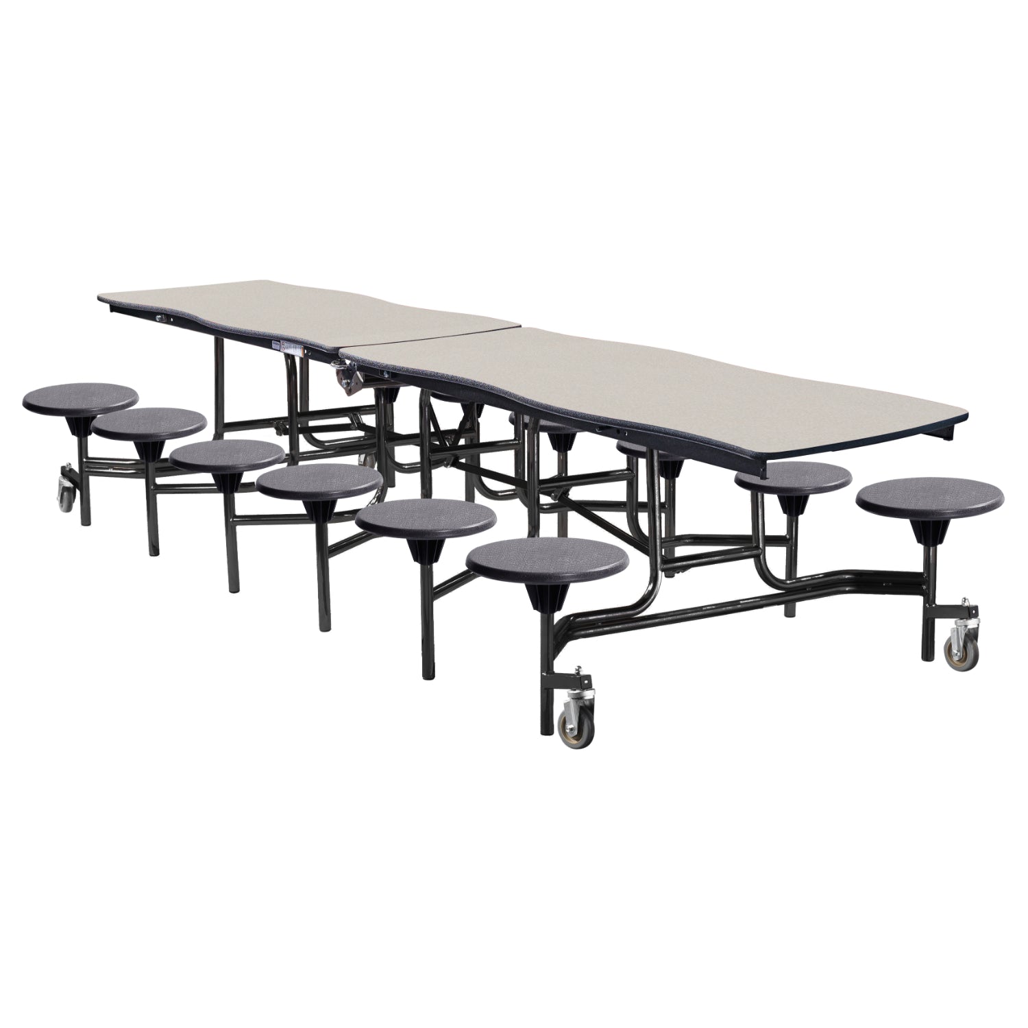 Mobile Cafeteria Table with 12 Stools, 12' Swerve, MDF Core, Black ProtectEdge, Textured Black Frame