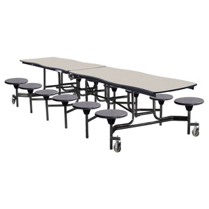 Mobile Cafeteria Table with 12 Stools, 12' Swerve, MDF Core, Black ProtectEdge, Textured Black Frame