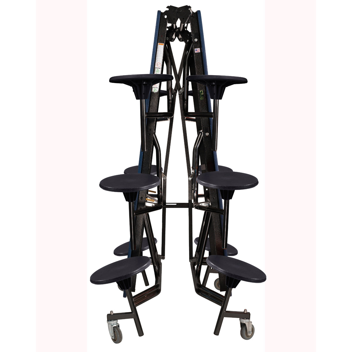 Mobile Cafeteria Table with 12 Stools, 12' Swerve, MDF Core, Black ProtectEdge, Textured Black Frame