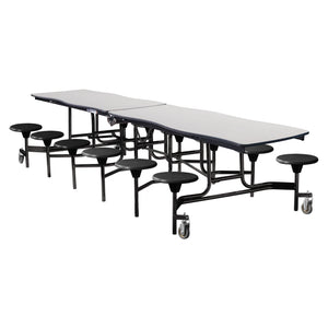 Mobile Cafeteria Table with 12 Stools, 12' Swerve, MDF Core, Black ProtectEdge, Textured Black Frame