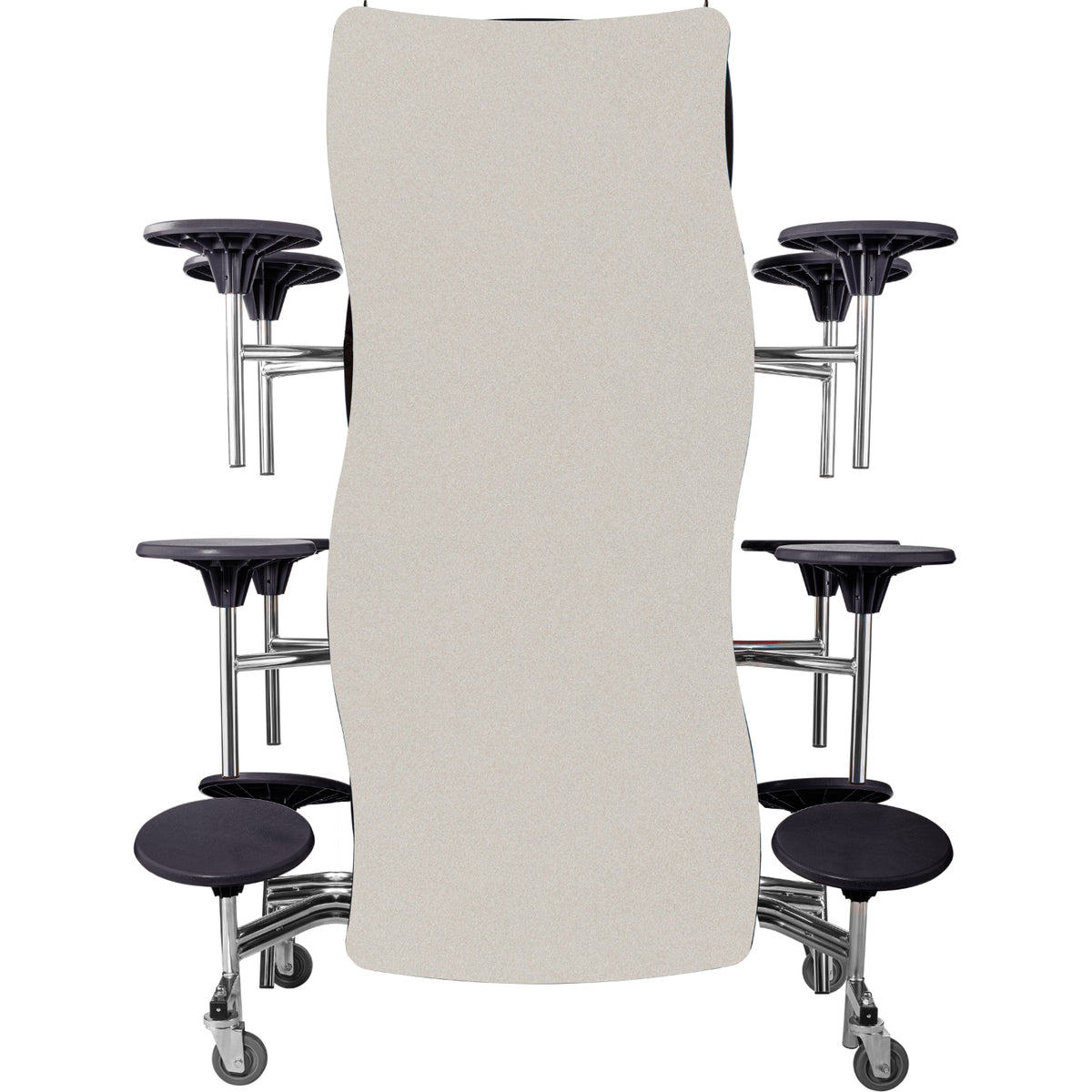 Mobile Cafeteria Table with 12 Stools, 12' Swerve, Particleboard Core, Vinyl T-Mold Edge, Chrome Frame