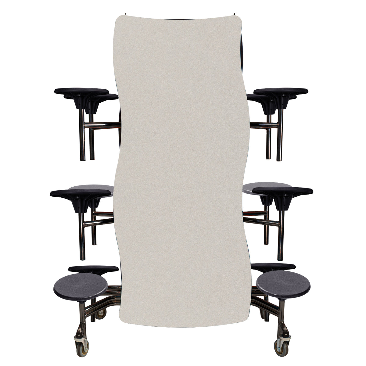 Mobile Cafeteria Table with 12 Stools, 12' Swerve, Particleboard Core, Vinyl T-Mold Edge, Textured Black Frame