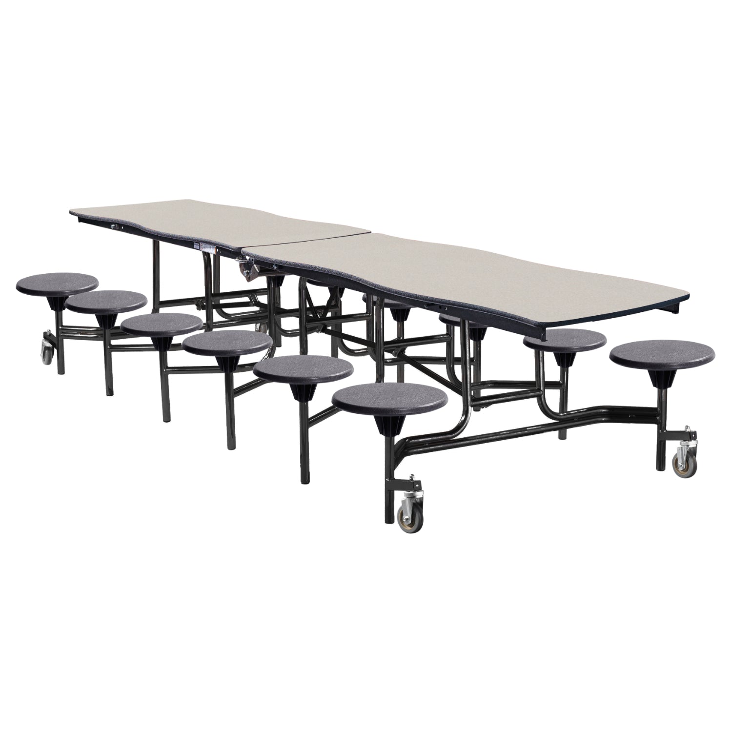 Mobile Cafeteria Table with 12 Stools, 12' Swerve, Plywood Core, Vinyl T-Mold Edge, Textured Black Frame