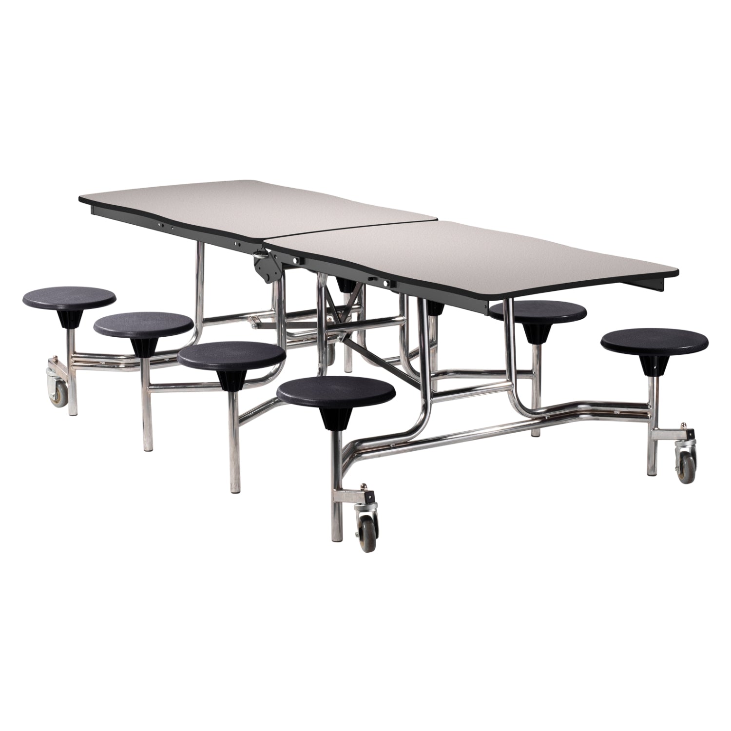 Mobile Cafeteria Table with 8 Stools, 8' Swerve, MDF Core, Black ProtectEdge, Chrome Frame