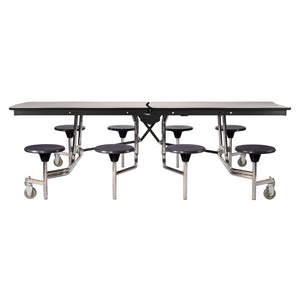 Mobile Cafeteria Table with 8 Stools, 8' Swerve, MDF Core, Black ProtectEdge, Chrome Frame
