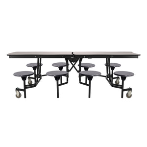 Mobile Cafeteria Table with 8 Stools, 8' Swerve, MDF Core, Black ProtectEdge, Textured Black Frame