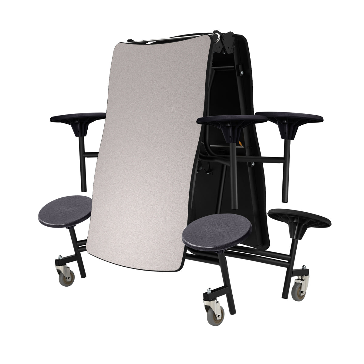 Mobile Cafeteria Table with 8 Stools, 8' Swerve, MDF Core, Black ProtectEdge, Textured Black Frame