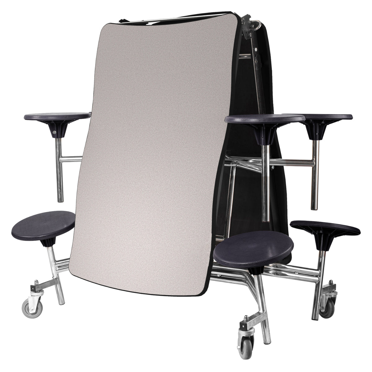 Mobile Cafeteria Table with 8 Stools, 8' Swerve, Particleboard Core, Vinyl T-Mold Edge, Chrome Frame