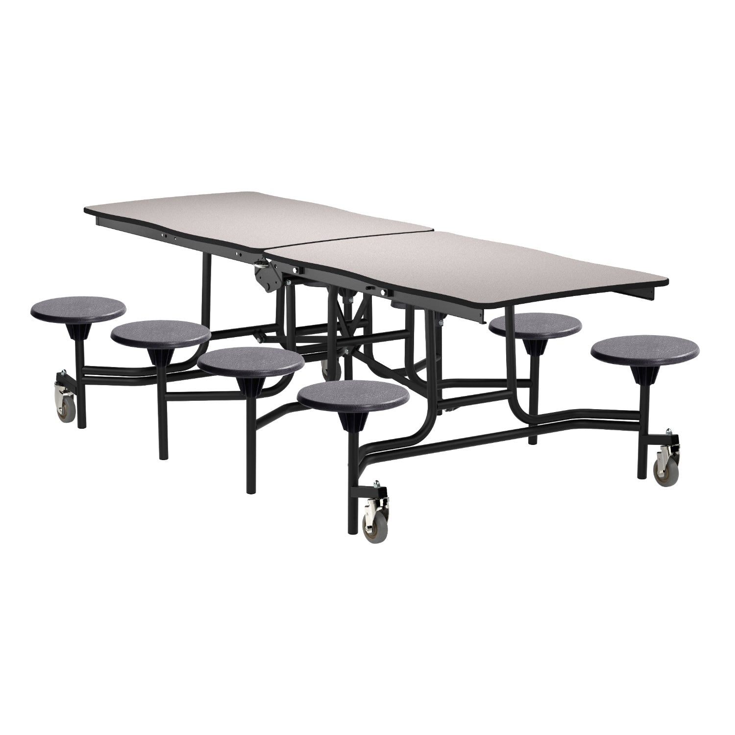 Mobile Cafeteria Table with 8 Stools, 8' Swerve, Particleboard Core, Vinyl T-Mold Edge, Textured Black Frame