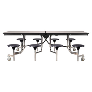 Mobile Cafeteria Table with 8 Stools, 8' Swerve, Plywood Core, Vinyl T-Mold Edge, Chrome Frame