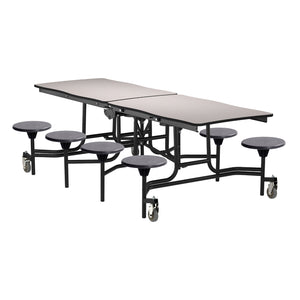 Mobile Cafeteria Table with 8 Stools, 8' Swerve, Plywood Core, Vinyl T-Mold Edge, Textured Black Frame