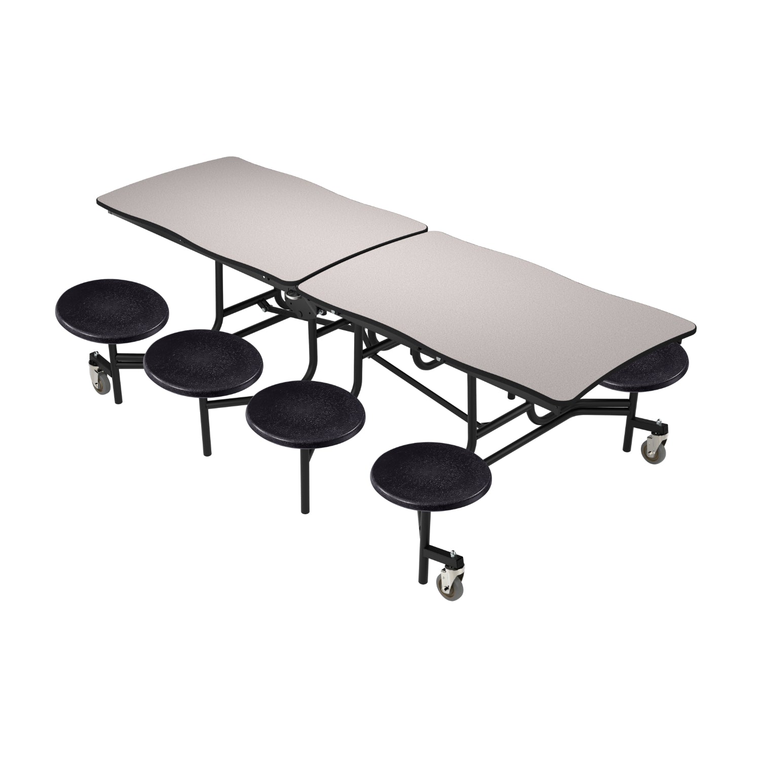 Mobile Cafeteria Table with 8 Stools, 8' Swerve, Plywood Core, Vinyl T-Mold Edge, Textured Black Frame