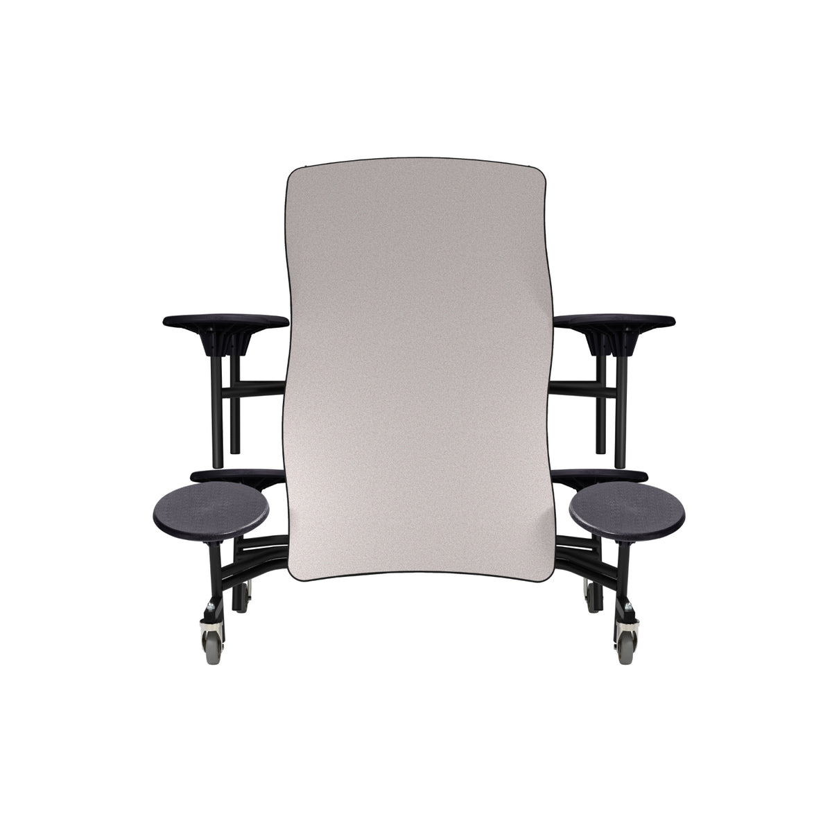 Mobile Cafeteria Table with 8 Stools, 8' Swerve, Plywood Core, Vinyl T-Mold Edge, Textured Black Frame