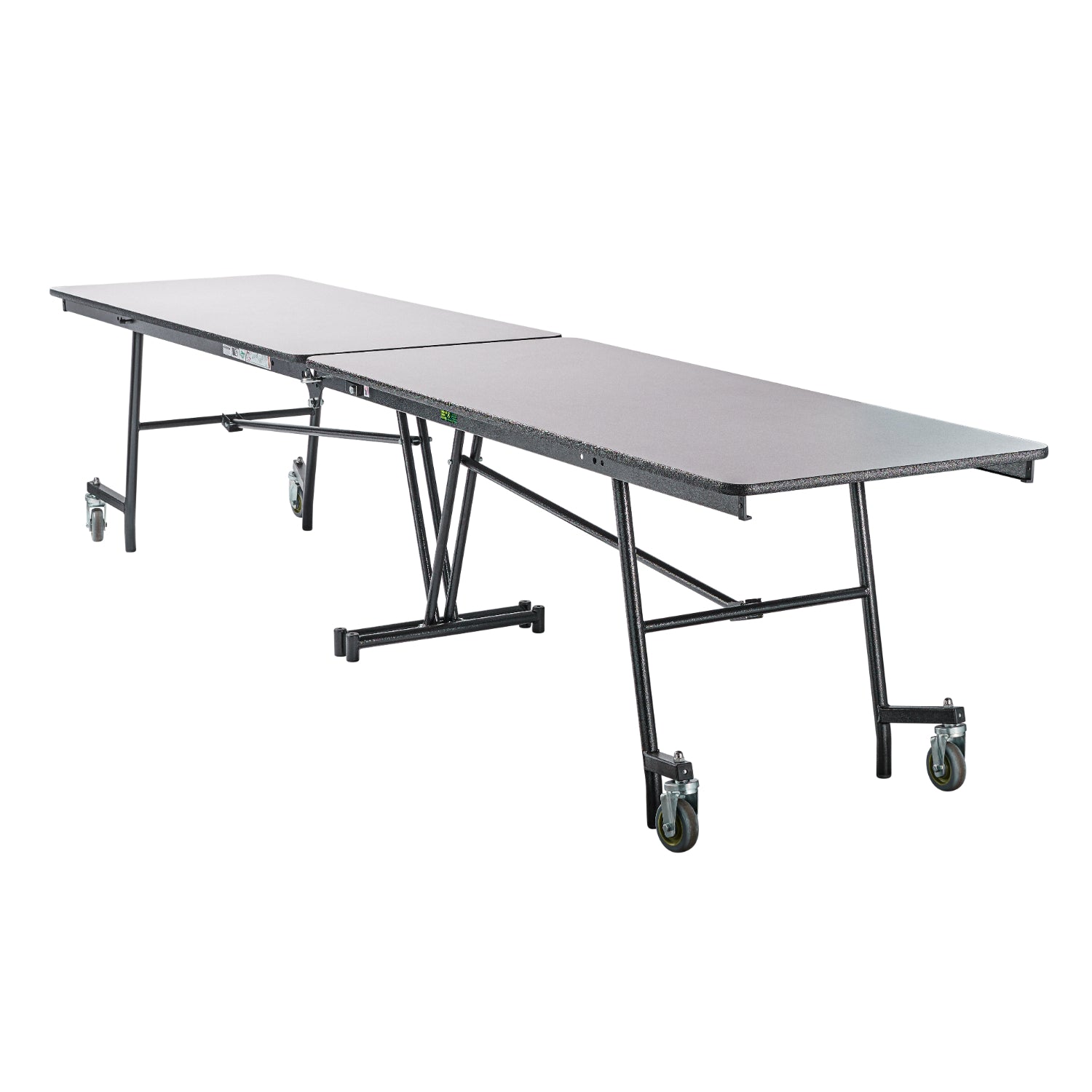 Quick Ship Mobile Shape Cafeteria Table, 12' Rectangle, MDF Core, ProtectEdge, Textured Black Frame, Grey Nebula Top