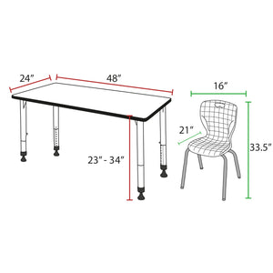 Kee Classroom Table and Chair Package, Kee 48" x 24" Rectangular Adjustable Height Table with 2 Andy 18" Stack Chairs