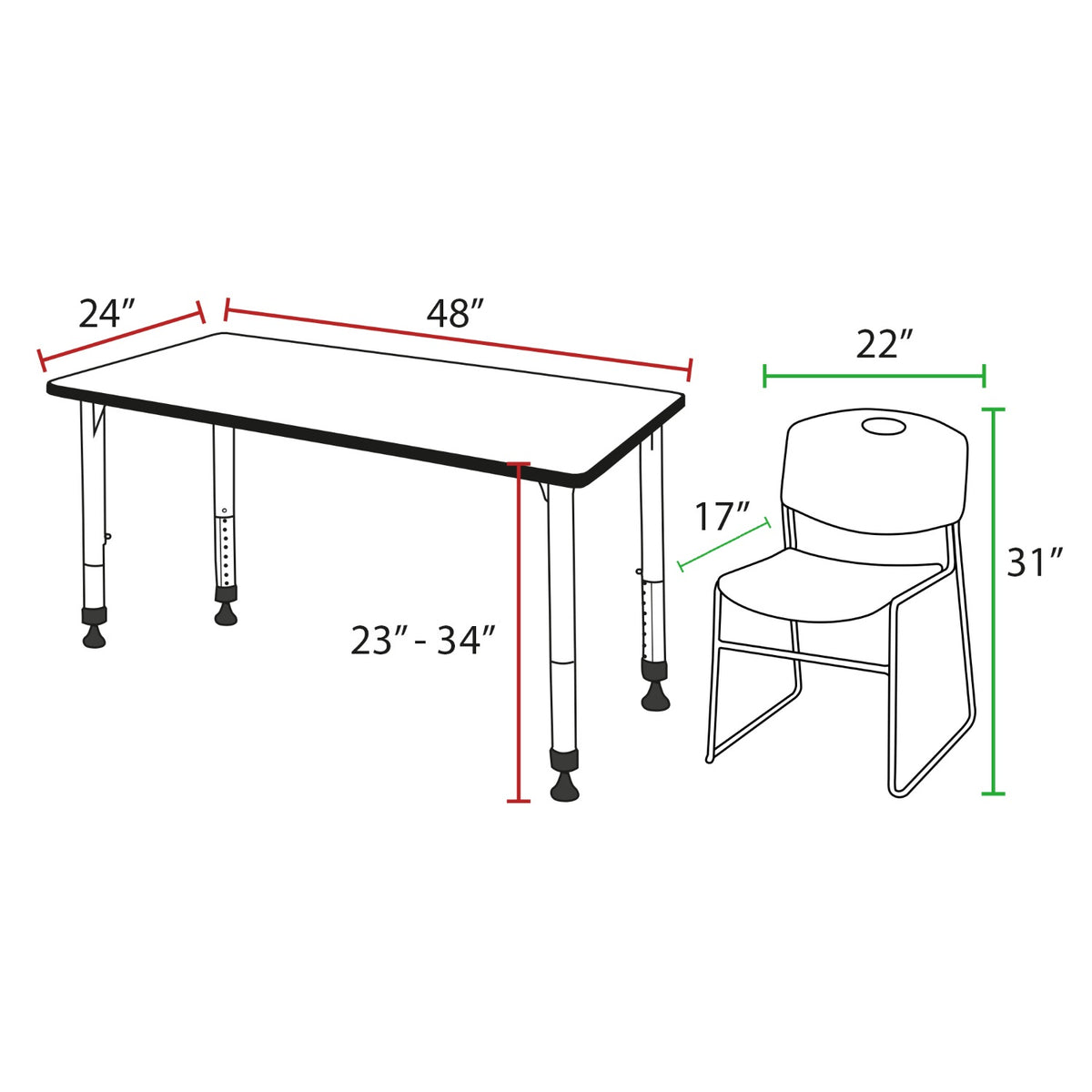 Kee Classroom Table and Chair Package, Kee 48" x 24" Rectangular Adjustable Height Table with 2 Black Zeng Stack Chairs